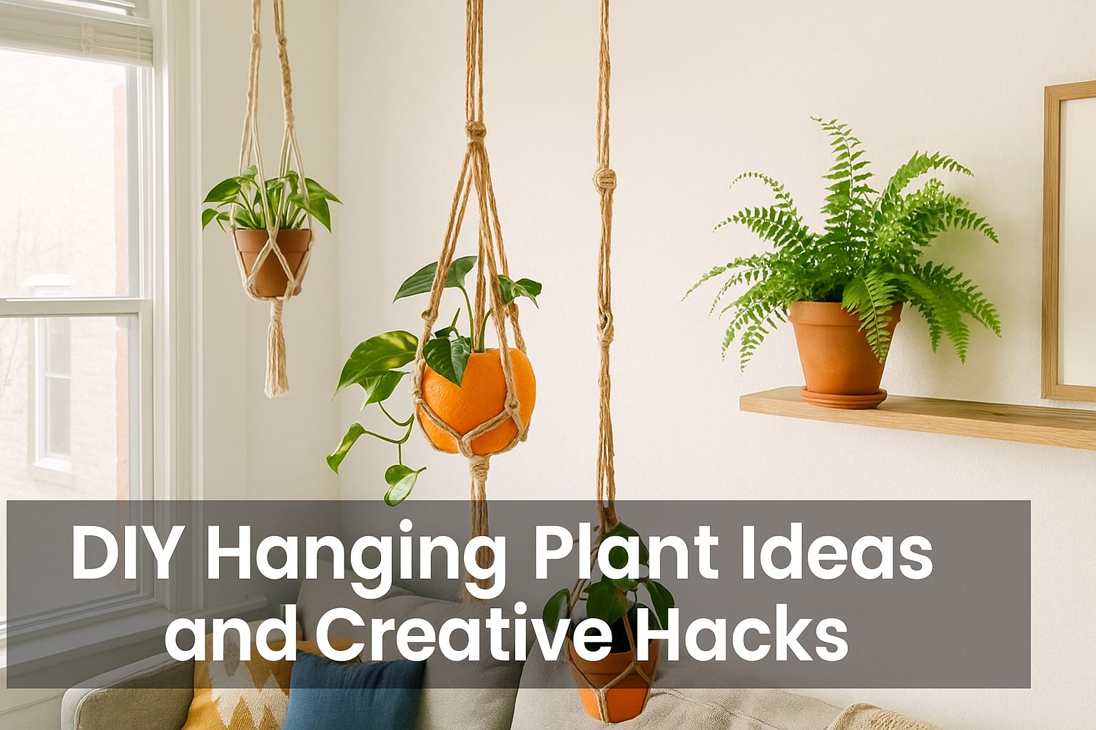 DIY hanging plant ideas, including a macramé-wrapped orange planter by Urban Plant.